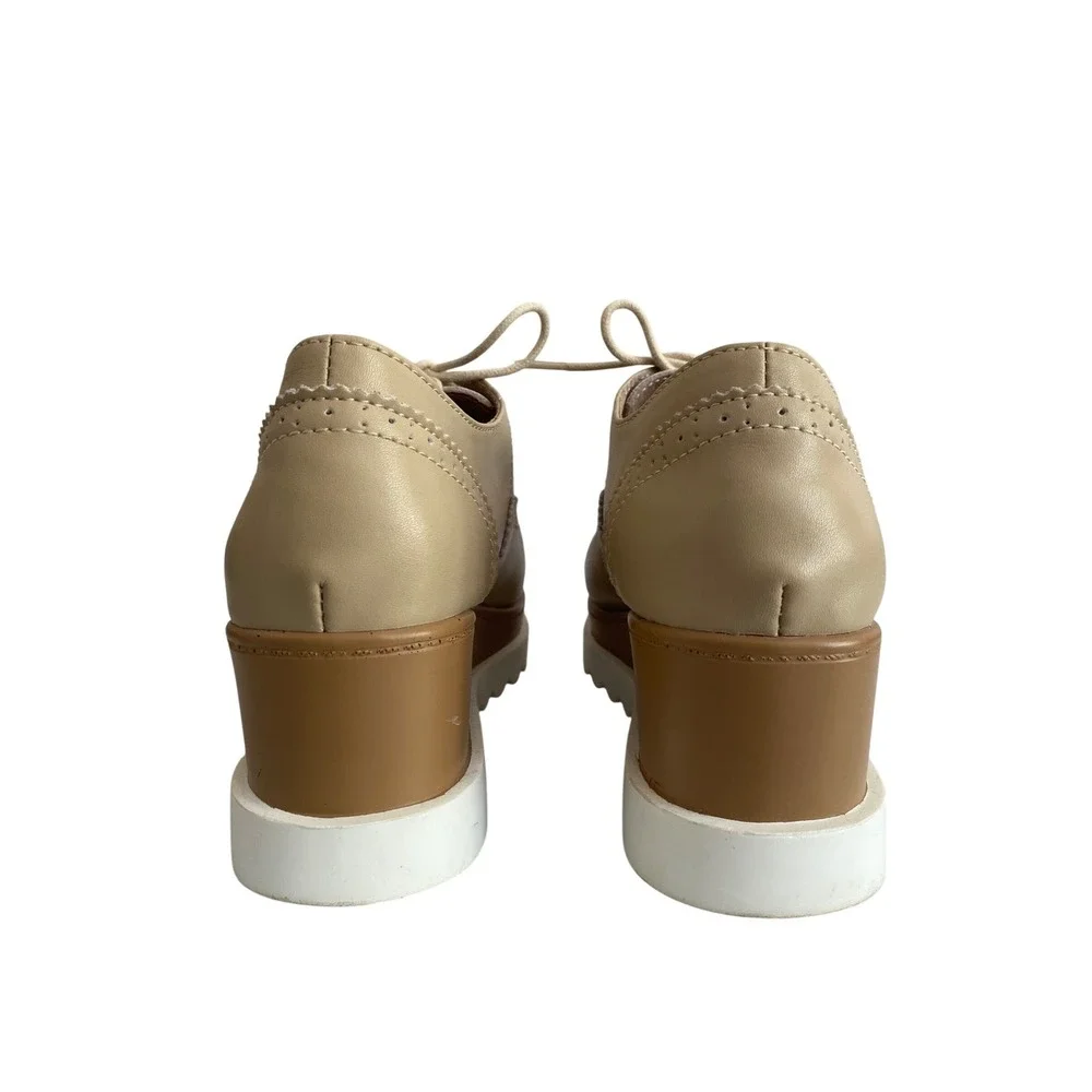 Fashion Beige Platform Brogue Oxfords Kiltie Fringe Wingtip Wedge Shoes‎ Size 9